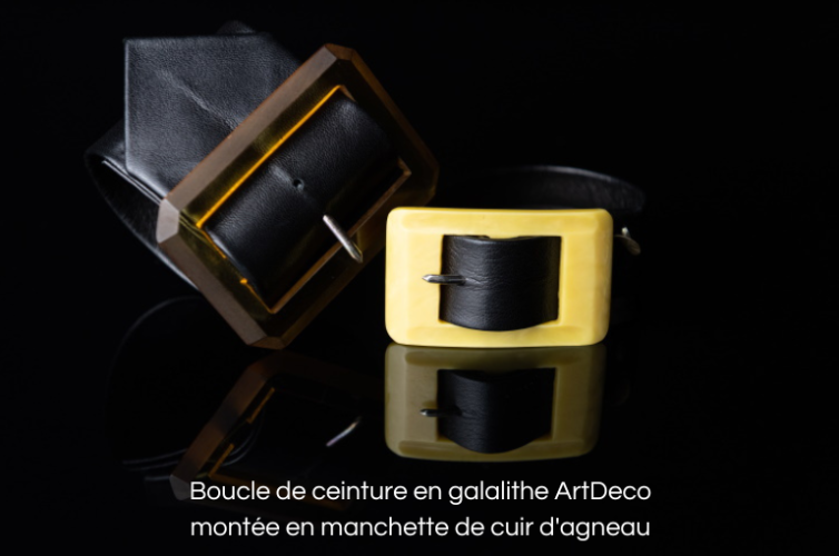 Boucle de ceinture en galalithe ArtDeco, montée en manchette de cuir d'agneau