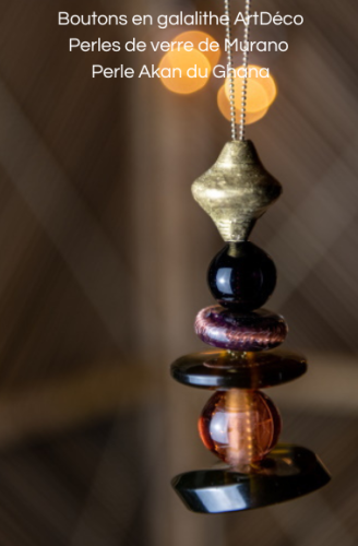 Boutons de galalithe ArtDeco, perles de verre de Murano, perle Akan du Ghana
