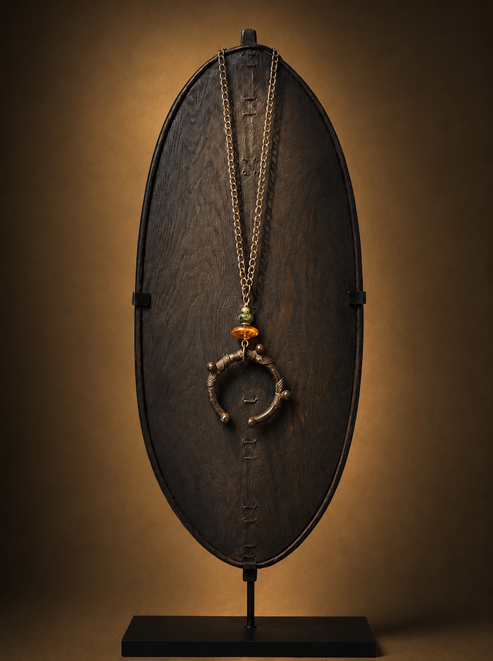 Bracelet en bronze Lobi, Burkina Faso, associé à une perle de verre de Murano aux reflets ambrés. Détourné en pendentif, cet ancien bracelet révèle toute la force de l'artisanat ouest-africain.
